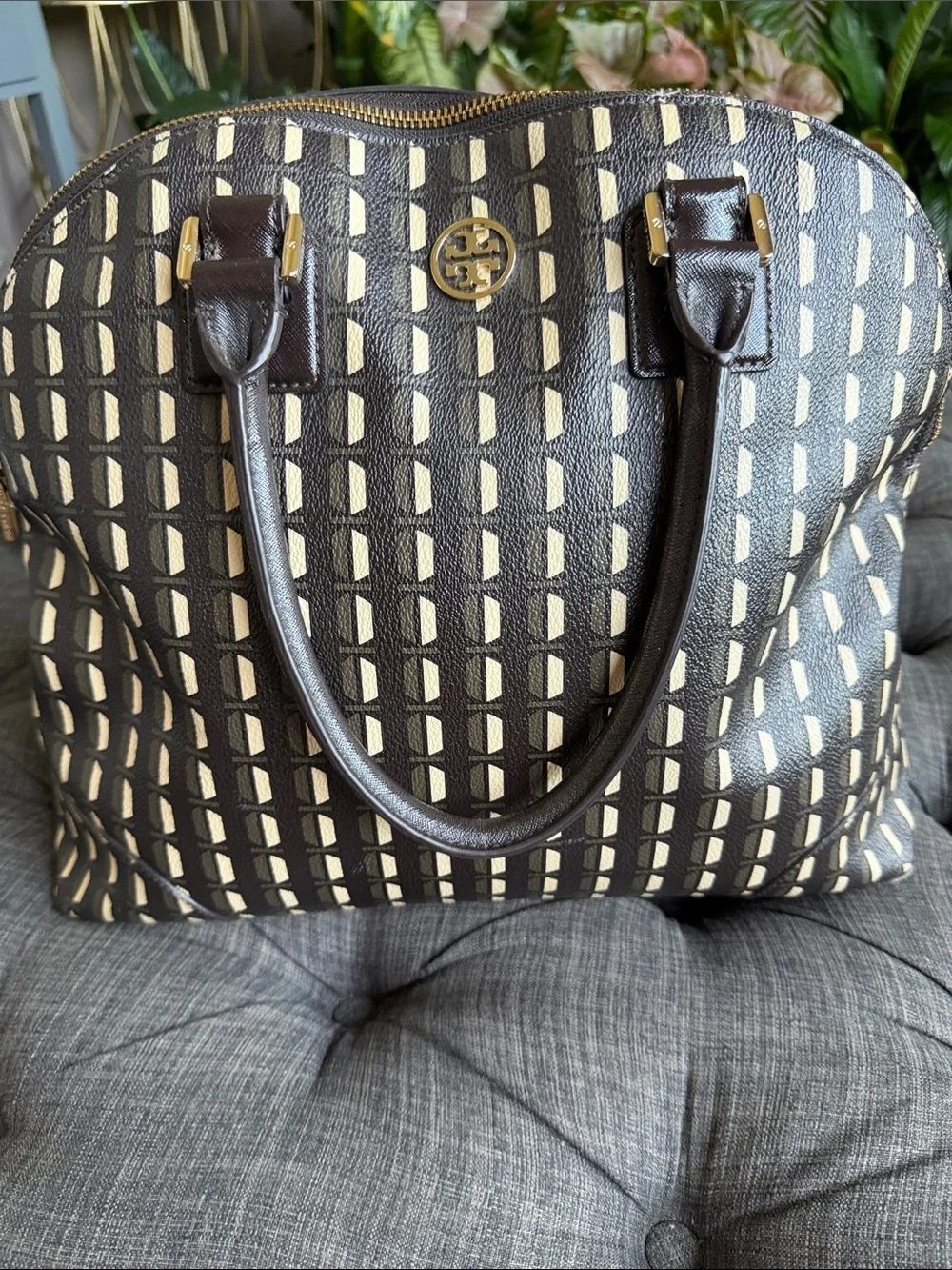 Tory Burch Black and Cream Patterned Dome Tote